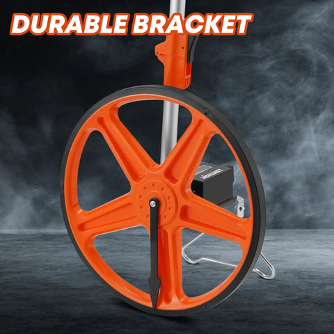 Close-up of durable orange bracket on 12 Inch Measuring Wheel With 9999 Ft Range And Feet Inches Readout, foldable design