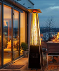 Backyard Hangout Ready 48,000 BTU Pyramid Flame Patio Heater With Cover, Triple Safety Protection on deck in evening light
