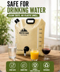 Collapsible Water Container With Spigot 12L Foldable Water Storage Bag for camping, RVs, and outdoor use shown on a wooden table.