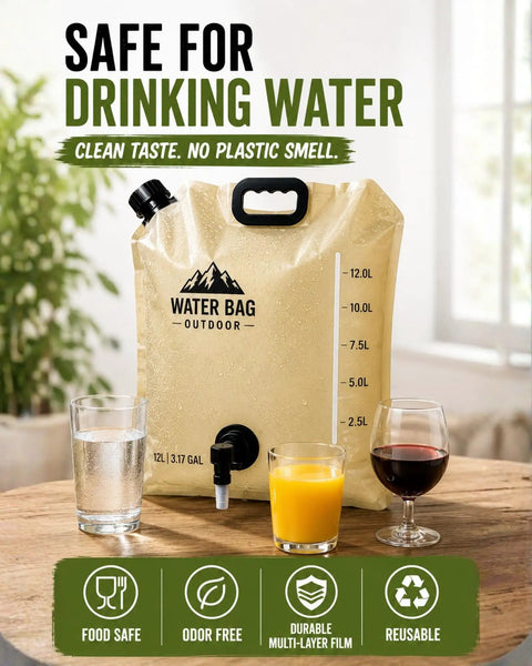 Collapsible Water Container With Spigot 12L Foldable Water Storage Bag for camping, RVs, and outdoor use shown on a wooden table.
