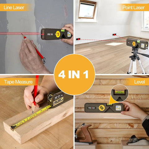 4 In 1 Laser Level For Home Renovation And Picture Hanging, Torpedo Style With 65 Ft Alignment Point, 16 Ft Laser Line, 10 Ft Tape Measure, Quick Angle Settings, Rotating Torpedo Bubble, Easy DIY Alignment Tool used with line laser and tape