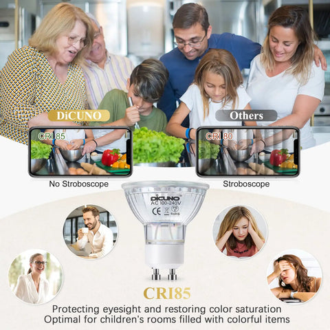 Energy Saving GU10 LED Light Bulbs 6W 60W Halogen Replacement 5000K Daylight White 700 Lumens Full Glass Cover 120 Degree Beam Angle 120V MR16 Non Dimmable Spotlight Track Lighting 6 Pack comparison photo with CRI values, kitchen setting.