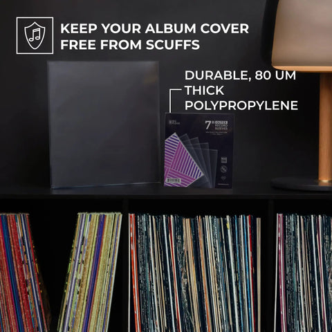 Crystal Clear 3 Mil 7 Inch Vinyl Outer Sleeves Pack 100 Count Durable Polypropylene Covers for LPs and Singles displayed on shelf.