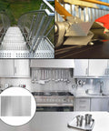 CKVIHAV 430 stainless steel sheet metal, 8x12x1/16 in; collage of four views: perforated stairs, angles, kitchen sheet.