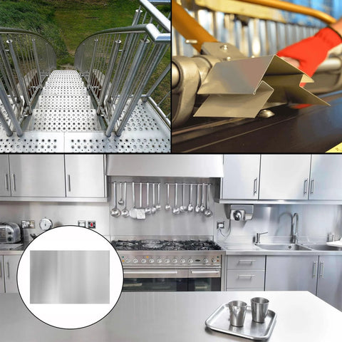 CKVIHAV 430 stainless steel sheet metal, 8x12x1/16 in; collage of four views: perforated stairs, angles, kitchen sheet.