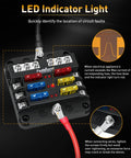 Pro Level 6 Way Fuse Block With Rugged Waterproof Build And Snappy Led Alerts Comes Stacked With Blades To Keep Your Rig Boats Or RV Circuits Humming Smooth showing LED indicator lights and fuse slots.