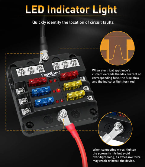 Pro Level 6 Way Fuse Block With Rugged Waterproof Build And Snappy Led Alerts Comes Stacked With Blades To Keep Your Rig Boats Or RV Circuits Humming Smooth showing LED indicator lights and fuse slots.