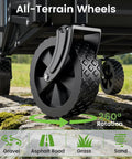 Close-up of all-terrain wheel on heavy duty collapsible wagon cart that hauls up to 220lb with 360 degree rotation.