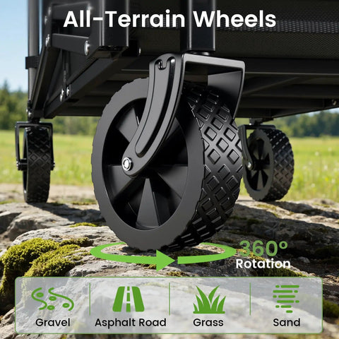 Close-up of all-terrain wheel on heavy duty collapsible wagon cart that hauls up to 220lb with 360 degree rotation.