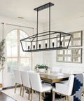 4 Light Farmhouse Chandelier In Black Metal With Open Geometric Frame Vintage Dining Room Pendant Light above dining table