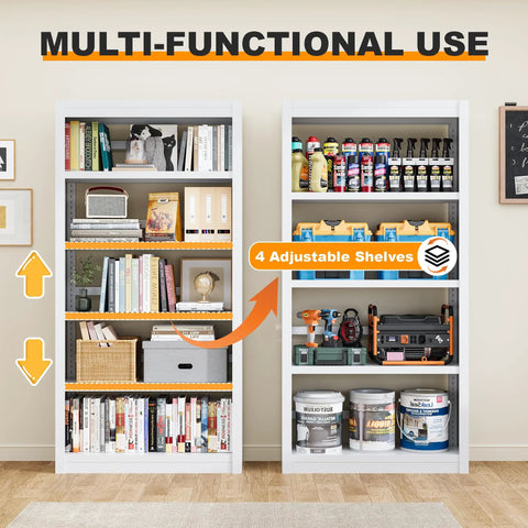 Beefy 5-Tier Metal Bookshelf With Adjustable Shelves, 69 Inch Tall, White Powder-Coated Steel, Bookcase For Home Office