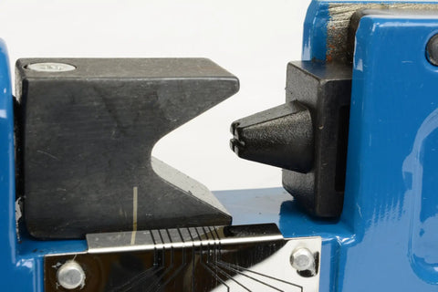 Close-up of Rugged Dieless Lug Crimp Tool For 8 AWG To 4/0 Cables with black oxide ram and blue and black finish