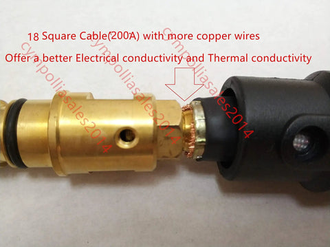 Top Notch MIG Welding Gun With 10 Foot Cable And 5 Pin Connector Rated For 180 Amps showing a brass connector and copper wires.