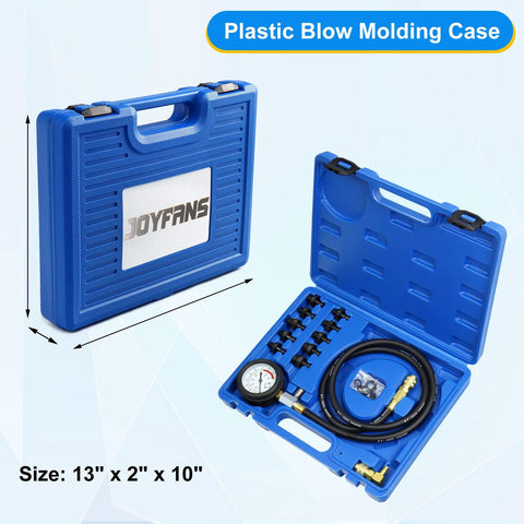 JoyFans oil pressure tester kit in blue plastic case with 0–140 PSI gauge, hose and adapters