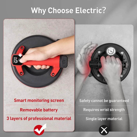 Comparing cordless vs manual glass and tile vacuum lifters with LCD display and removable battery focus on safety and efficiency.