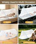 Pop Up Mosquito Net Bed Tent With Head Net And Drawstring Backpack, No Assembly Grab And Go Convenience For Camping And Travel, Blue 78 By 31 By 22 Inch, Double Zipper, Folds To 13.4 Inch Round shown in various settings including bed and outdoors
