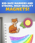 Wooden Magnet Craft Kit For Kids With 15 Nature Themed Magnets And 8 Watercolor Pens showing fox and flower magnets on paper.