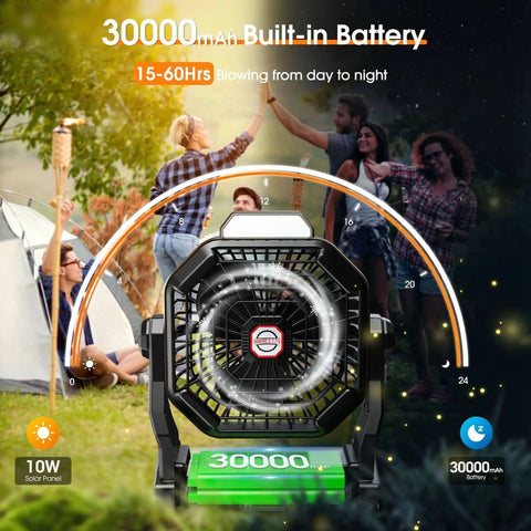 30000mAh Solar Camping Fan With 10W Solar Panel Rechargeable Outdoor Tent Fan And LED Lantern Battery Powered Fan for camping