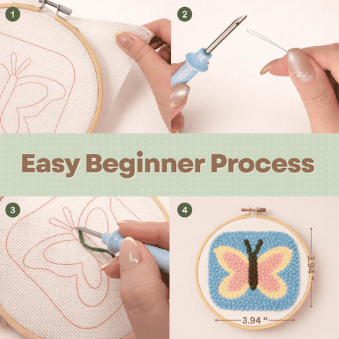 Step-by-step guide of Punch Needle Kit For Beginners And Adults All In One Diy Embroidery Set With Printed Fabric Yarn Needle Hoop