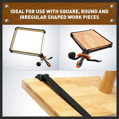 Band Clamp For Woodworking And Picture Framing, Flexible Frame Strap Holder securing a wooden frame and round piece