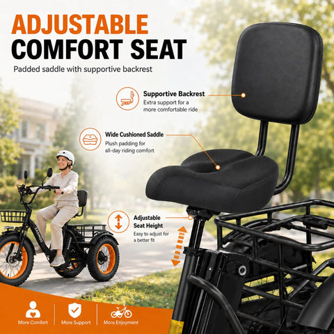 Electric Tricycle For Adults With 1350W Peak Motor Folding 3 Wheel Ebike 48V 15.6Ah Battery 20 Inch Fat Tire Beast 20 MPH Top Speed Differential Drive Black And Orange adjustable comfort seat with backrest