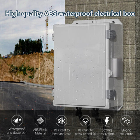 Heavy Duty ABS Electrical Enclosure Box 18.3 X 12.7 X 6.5 Inch weatherproof housing mounted on a wall in rainy conditions.
