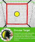 Circular target detail on Six By Six Foot Baseball And Softball Training Net with red strike zone for precise hitting practice.