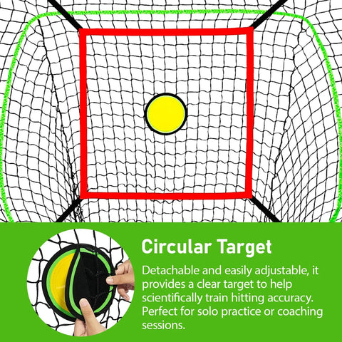 Circular target detail on Six By Six Foot Baseball And Softball Training Net with red strike zone for precise hitting practice.