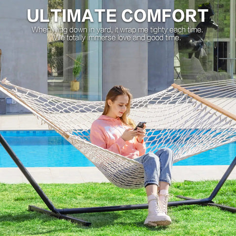 Double Rope Hammock With Stand Included, 12ft Heavy Duty Stand, 2 Person Traditional Cotton Rope Hammocks With Pillow