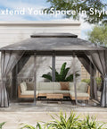 10x13 Outdoor Gazebo With Mosquito Netting And Privacy Screens, Double Roof Design, on a patio with furniture