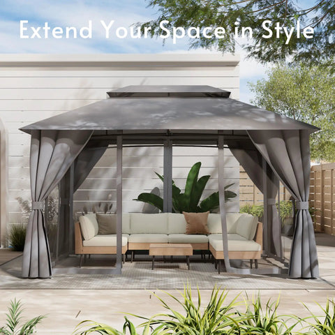 10x13 Outdoor Gazebo With Mosquito Netting And Privacy Screens, Double Roof Design, on a patio with furniture