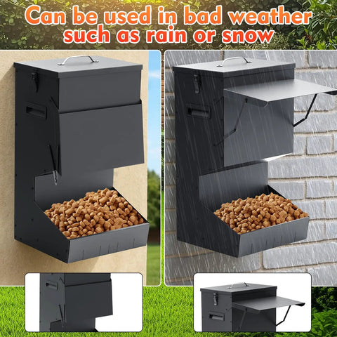 2 Pack Heavy Duty Automatic Dog Feeder With Tight Seal Lid 25 Pound Capacity Weather Resistant Outdoor Hanging Bowl Feeder For Big Guys showing kibble in bad weather