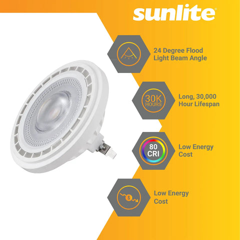 AR111 LED Spotlight Bulbs 7W 600 Lumens, 24 Degree Narrow Flood, 12V G53 Base, energy-efficient features highlighted