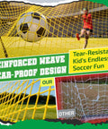 Close-up of soccer ball hitting the net of a Portable Soccer Goal Set 7x5 Ft Plus 5x3 Point 6 Ft For Youth Practice.