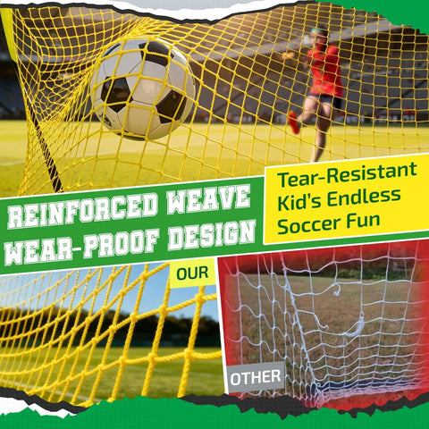 Close-up of soccer ball hitting the net of a Portable Soccer Goal Set 7x5 Ft Plus 5x3 Point 6 Ft For Youth Practice.