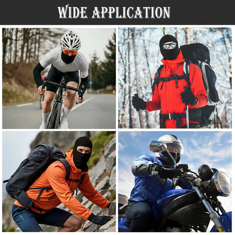Cyclists, hikers, and motorcyclists wearing 6 Pack Ride Ready Lightweight Full Face Ski Masks Balaclavas for Men and Women, UV protection.