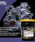5-gallon pail of Heavy Duty SAE 50 Manual Transmission Fluid Full Synthetic next to a metal transmission component
