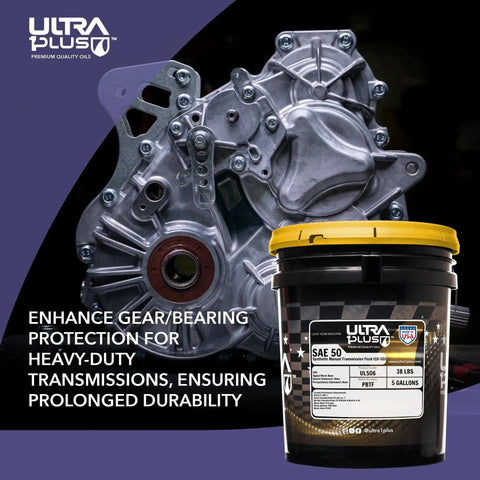 5-gallon pail of Heavy Duty SAE 50 Manual Transmission Fluid Full Synthetic next to a metal transmission component