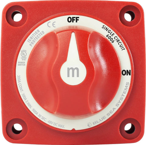 Blue Sea Systems red on/off battery isolator switch with locking key, 6006 m-Series, front view