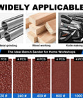 No Sweat Electric Mini Belt Sander And Knife Sharpener with various sanding belts for metal, wood, and knife projects.