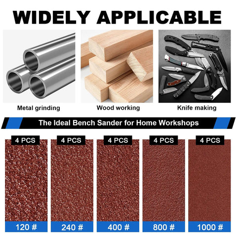 No Sweat Electric Mini Belt Sander And Knife Sharpener with various sanding belts for metal, wood, and knife projects.