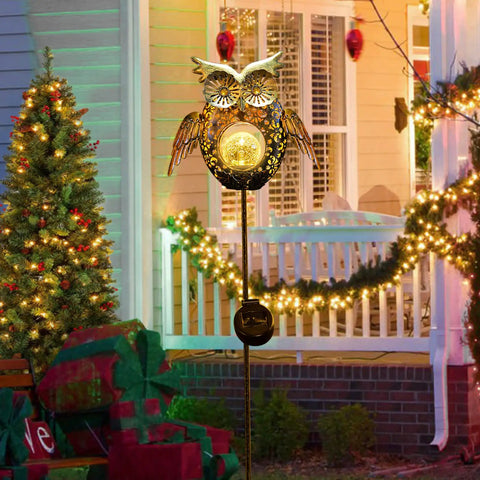 Solar Owl Garden Stake Lights For Lawn And Pathway, Bronze crackled glass owl with glowing light, outdoor holiday decor