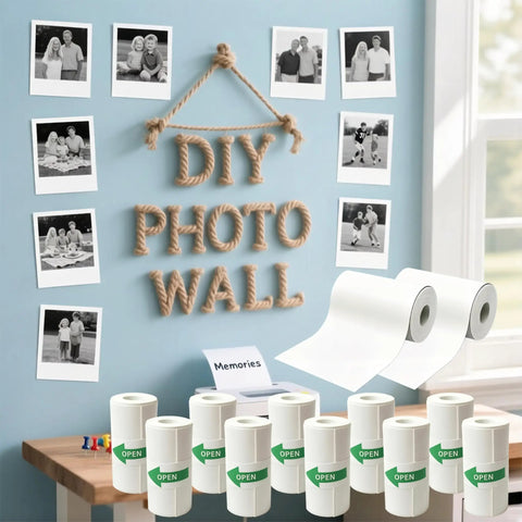 10 Rolls Mini Thermal Printer Paper 57x25mm Self Adhesive Triple Proof BPA Free Waterproof Coated Refill For Kids Instant Cameras AI DIY Pocket Printers High Definition Dope Quality Sticker Paper rolls on a desk