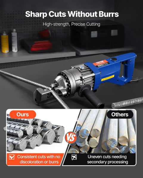 VEVOR 6Pcs Electric Rebar Cutter Replacement Jaw Blades For 22mm #7 Steel Rod CR12MOV High Hardness Double-sided Cutting Tools With Screws Spring Washers Durable Long-lasting Steel Upgrade cutting tool in use with precision cuts on rebar.