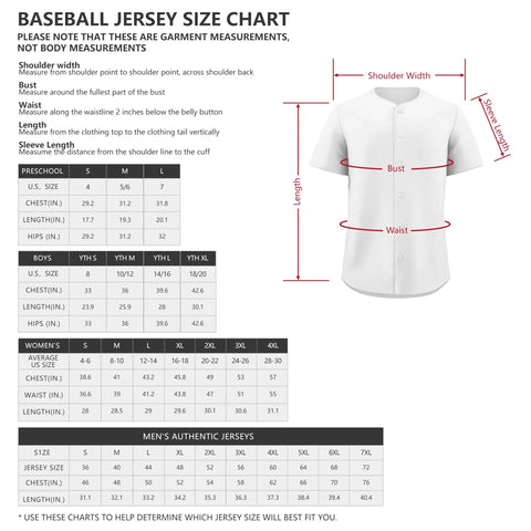 Custom Baseball Jerseys Personalized Team Uniforms For Men Women Boys Girls Moisture Wicking Breathable Mesh Size Chart
