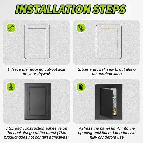 Installation steps for Heavy Duty Drywall Access Panel Nine Point Nine Inch Ceiling Repair Cover with detailed instructions.