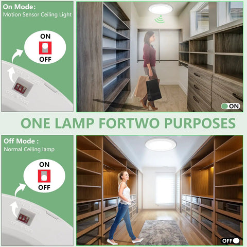 Two Pack Motion Sensor LED Ceiling Light With 18W 1600LM, 9 Inch Flush Mount Fixture For Indoor Use in modes on and off.