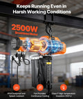Heavy Duty 2200 Lbs Electric Chain Hoist With 10 Ft Lift, 120V Single Phase Motor, G100 Grade Steel Cable, Smooth Constant Speed Operation, Wired Remote Included For Tough Garage Bays And Daily Shop Grind, showcasing the 2500W brushless motor.