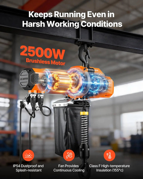 Heavy Duty 2200 Lbs Electric Chain Hoist With 10 Ft Lift, 120V Single Phase Motor, G100 Grade Steel Cable, Smooth Constant Speed Operation, Wired Remote Included For Tough Garage Bays And Daily Shop Grind, showcasing the 2500W brushless motor.