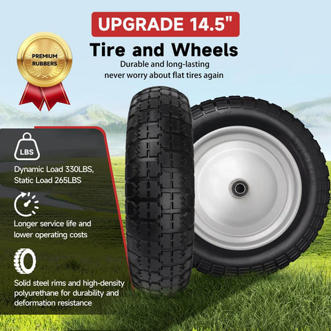 Solid Tire And Wheel Kit For Wheelbarrows And Garden Carts With 14.5 Diameter Flat Free Tire, 4.80 4.00 8 Size showcased in a field